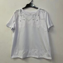 女式夏季短袖纯棉T恤 女士压花蕾丝白色圆领半袖 速卖通新款