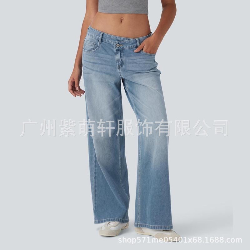 2025速卖INS欧美亚马逊跨境新款不对称低腰斜纽扣拉链牛仔裤|undefined