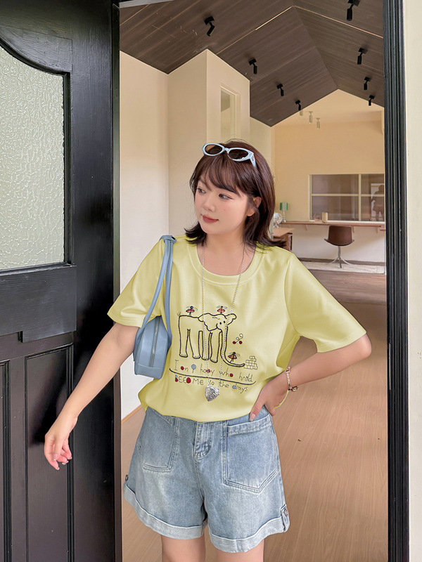 Aiyuan 2025 新しい大きいサイズの女性のファット mm 夏の気質ファッション漫画象ラウンドネック Tシャツ 9009|undefined