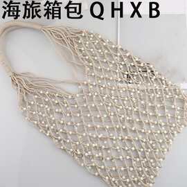 可爱手提棉线编织包新款百搭纯色镂空草编包手拎网纹女包包