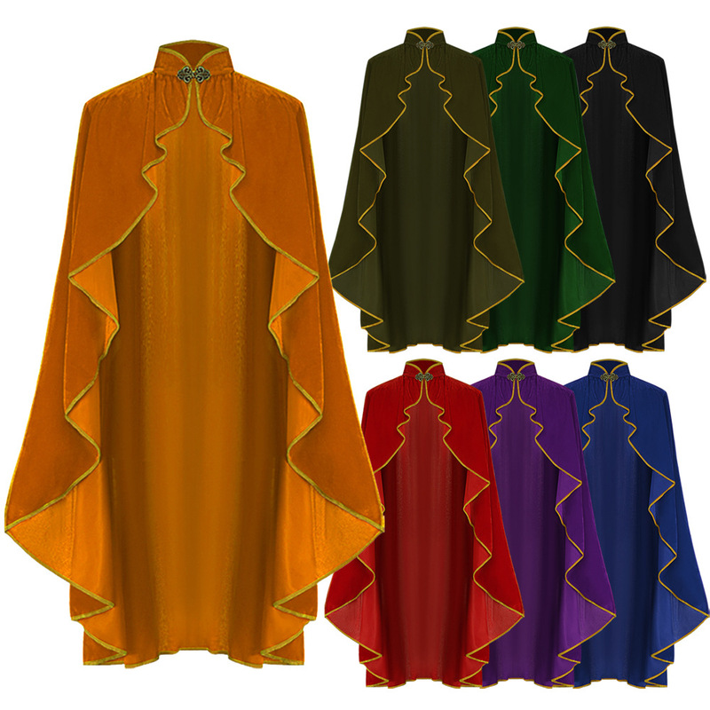 Halloween Medieval Cosplay Stand-Collar Cape Coat with Gold Velvet Trim and Buttoned Cape Cosplay Performance Costume Halloween Medieval Cosplay Stand-Collar Cape Coat with Gold Velvet Trim and Buttoned Cape Cosplay Performance Costume