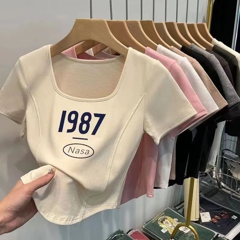 Square Neck Short-Sleeved T-Shirt for Women Ins Trendy Chic Sweet and Spicy Slimming Look Korean Style Design Short Style Top