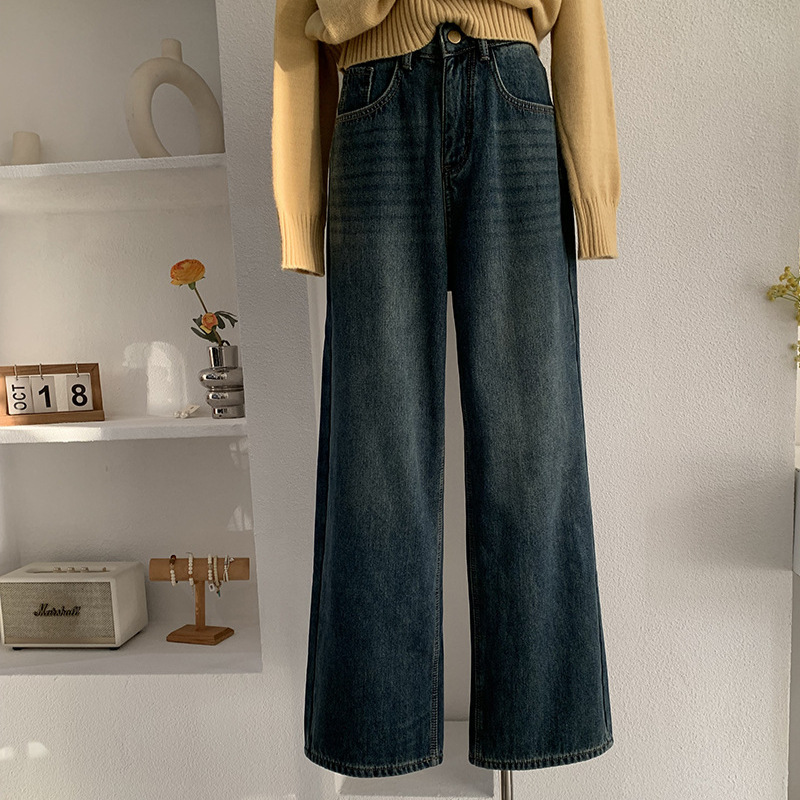 欧玛莱 高腰直筒加绒牛仔裤女秋冬新款复古宽松显瘦长裤批发 5722