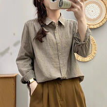 纯棉文艺复古细条纹衬衫女双层棉纱布长袖衬衣春秋新款百搭衬衣