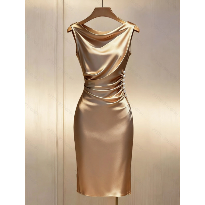 Women's New Summer French Elegant Fashion Satin Sleeveless Slim-Fit Mid-Length Dress Suitable for Going Out and Dating Women's New Summer French Elegant Fashion Satin Sleeveless Slim-Fit Mid-Length Dress Suitable for Going Out and Dating
