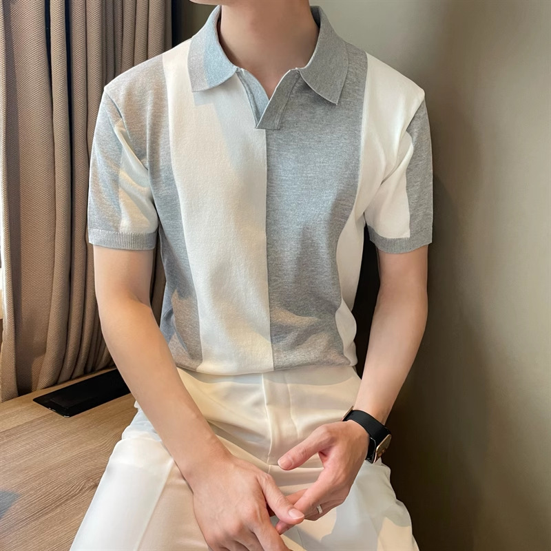 Men's Slim-Fit Color-Block Polo Shirt – Breathable V-Neck Knit Tee (Lightweight, Stretch, Business Casual)​_viptrois.com