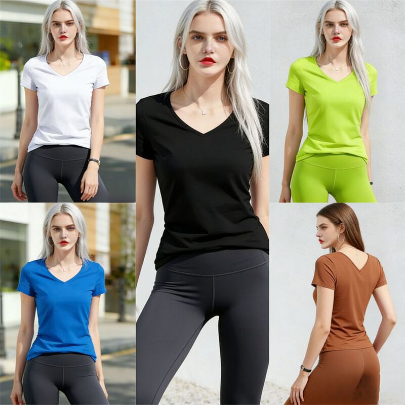 Cross-Border Foreign Trade In-Stock Y2K European and American Style Spicy Girl Solid Color Basic Top Deep V-Neck Slim Short-Sleeve T-Shirt for Women Wholesale t