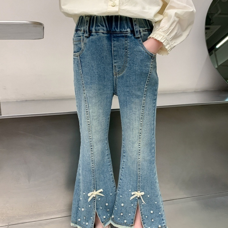 소녀 봄 바지 2024 새로운 도착 서양식 봄 및 가을 청바지 어린이 소녀 중 큰 어린이 꽃 바지 유행 바지
