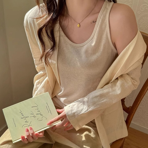 Korean Minimalist Style Casual Snowflake Cotton Strappy Tank Top Sleeveless Top Summer New Inner Cotton Linen Thin Women's Clothing