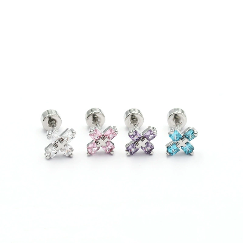 Thin rod threaded aquamarine zircon cross threaded ear bone nail cochlea nail ear nail