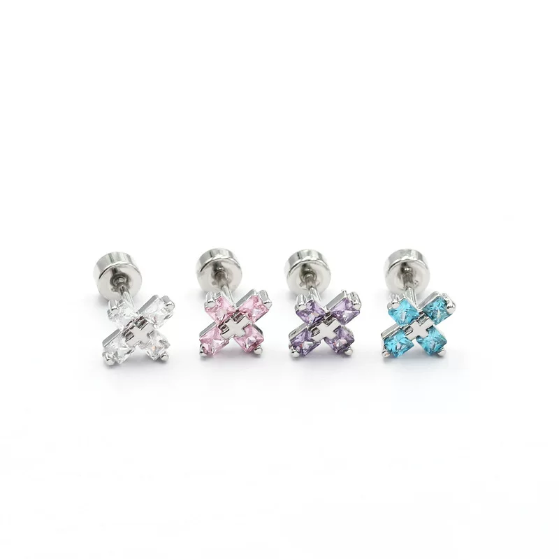 Thin rod threaded aquamarine zircon cross threaded ear bone nail cochlea nail ear nail