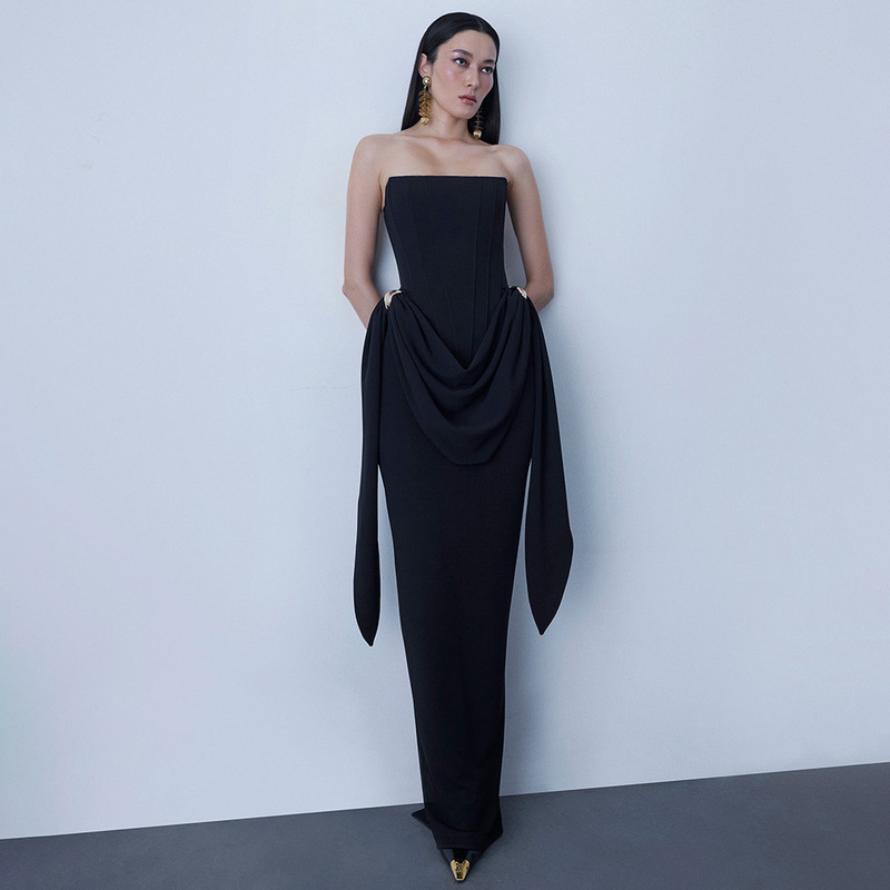 French Retro Light Luxury Outfit Elegant Dress with Ribbon Long Skirt, Feminine Sexy Tube Top Backless Slim Dress