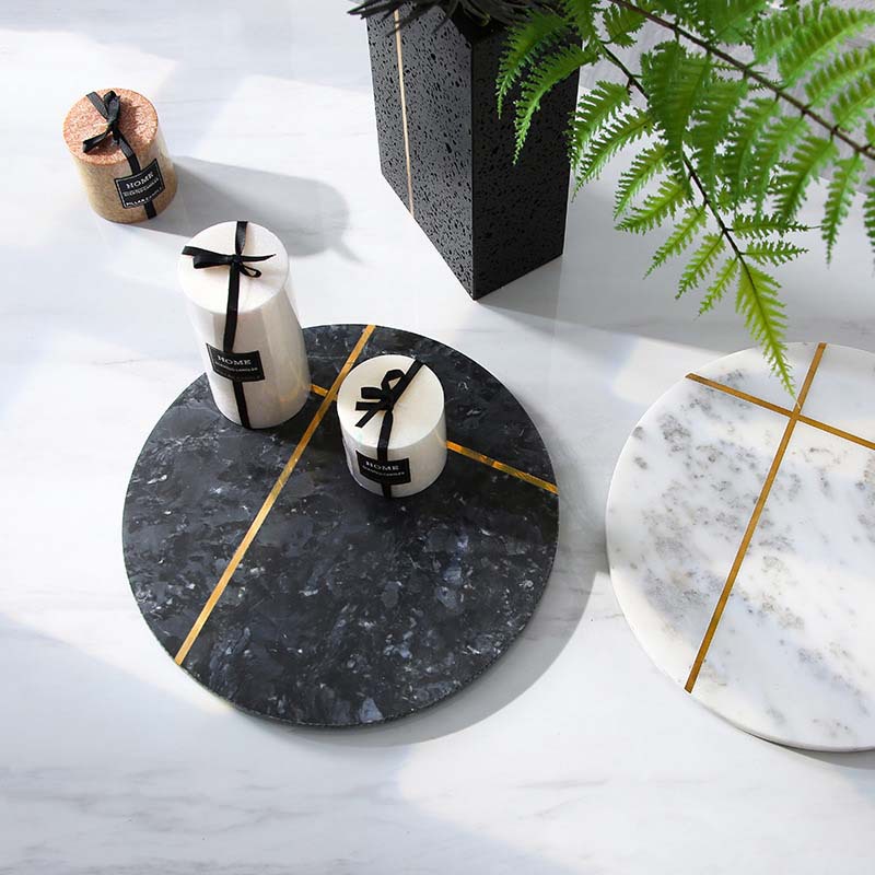 Luz nórdica estilo de lujo ronda de mármol natural con incrustaciones de cobre bandeja de decoración suave bandeja de presentación de cosméticos placa