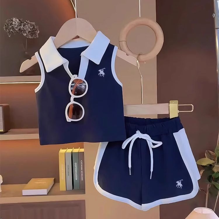 Girls' Color-Blocked Sleeveless Vest and Shorts Two-Piece Set 2025 Summer Outfit for Toddlers, Casual Versatile Korean Style, Medium-Thin Style