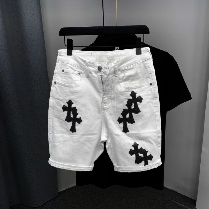 Trendy Men's Personalized Cross-Stitched Leather Denim Shorts Men's Summer New Straight Slim Fit Stretch Five-Point Pants