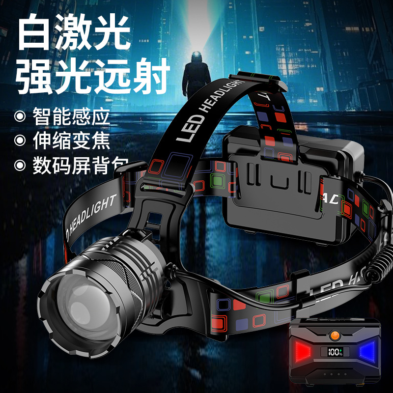 厂家批发白激光感应头灯伸缩变焦高亮头灯户外露营大功率远射头灯