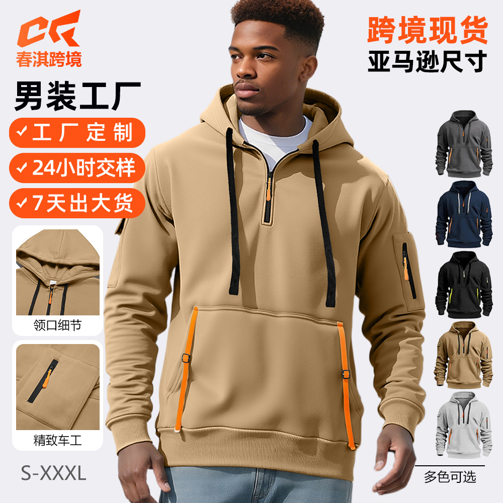 Cross-border hombre otoño invierno hombre casual multi-cremallera brazo bolsillo camiseta suéter de tamaño grande con camiseta con capuz