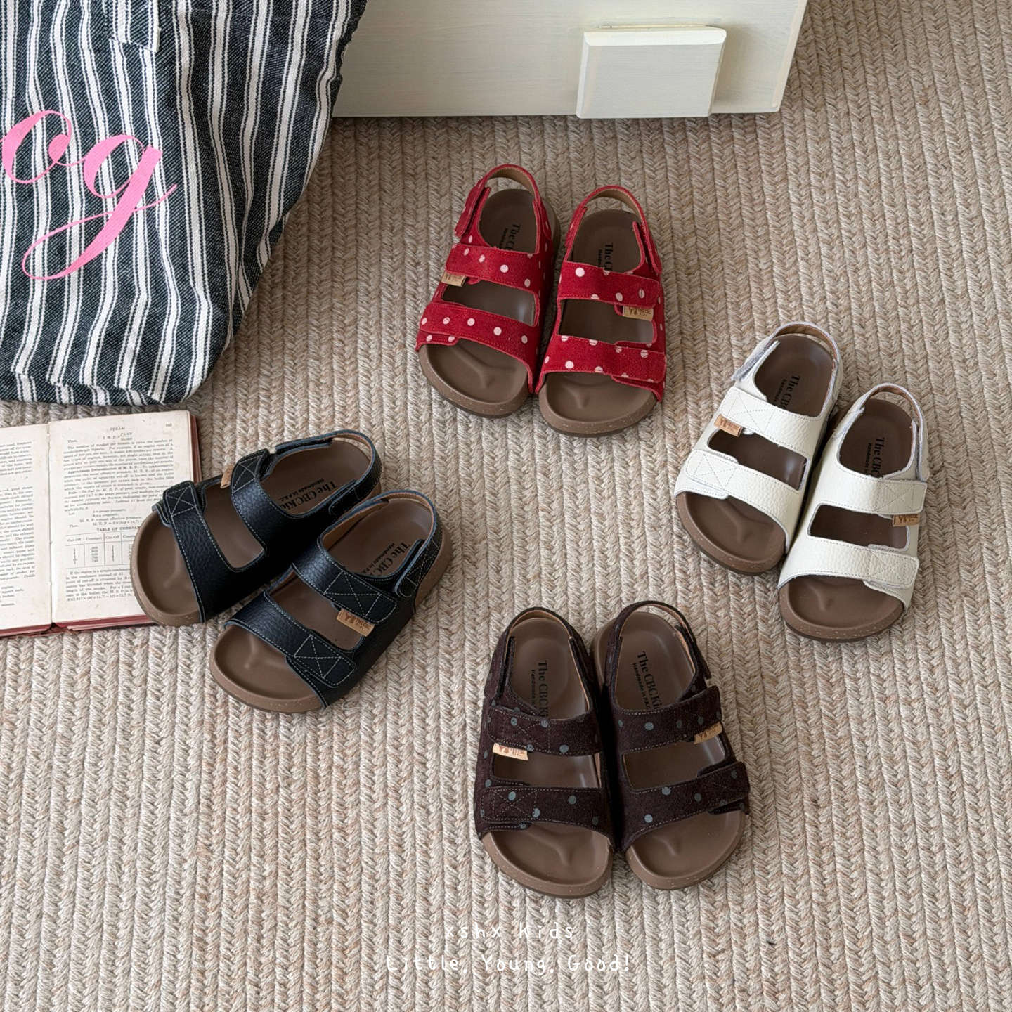 Xshx Genuine Leather Birkenstock | Children's Retro Open-Toe Velcro Casual Thick-Soled Cowhide Leather Summer Breathable Comfortable Shoes