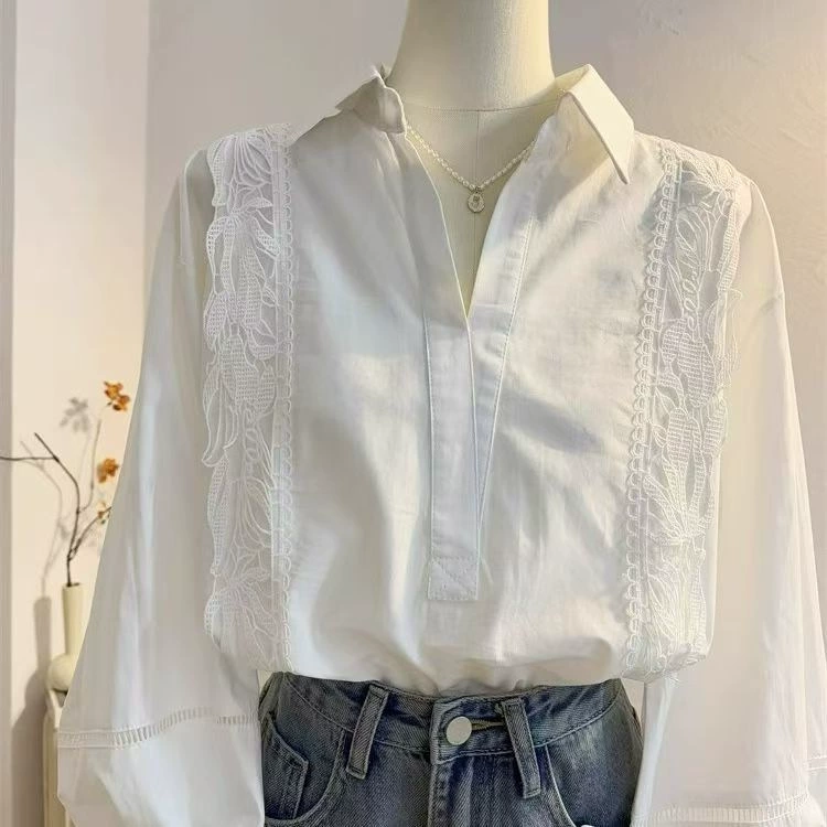 Женская рубашка с кружевными вставками, французский белый цвет, длинный рукав, свободный элегантный топ, производитель, весна 2025 года.