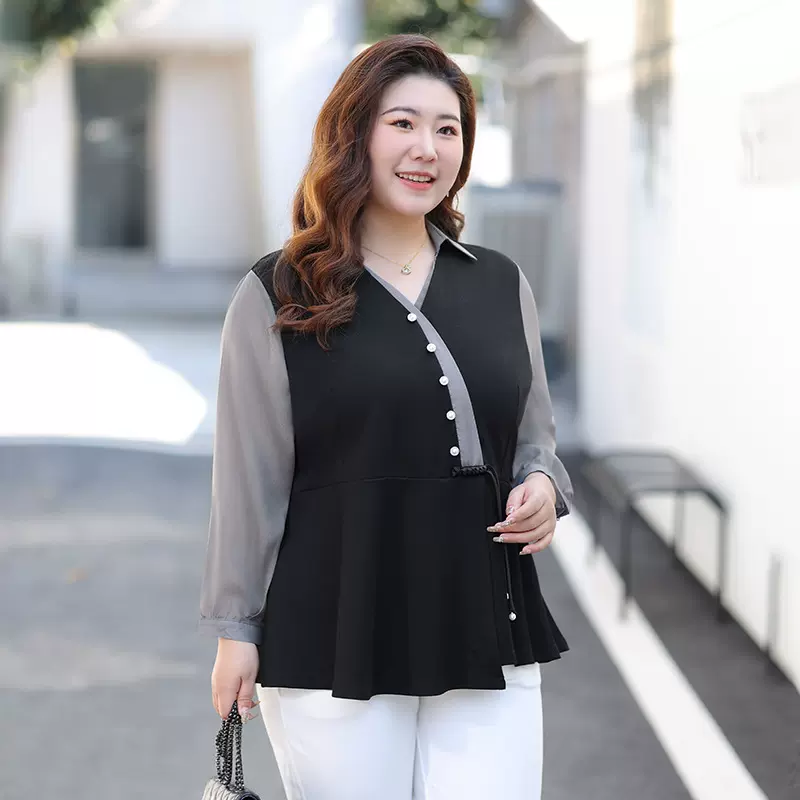 大码女装休闲衬衫2025年秋季新款胖mm宽松上衣胖妹妹洋气时尚小衫