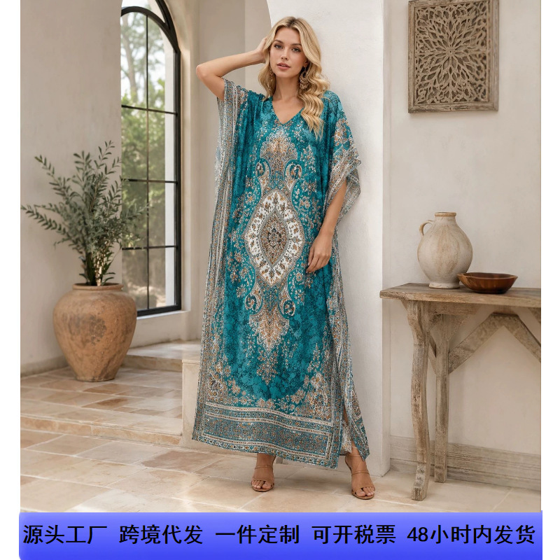 Cross-Border Amazon Temu Ethnic Style Kaftan Robe V-Neck Batwing Sleeve Loose Side Slit Beach Cover-Up