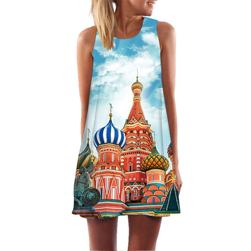 Summer and Autumn European and American Women's 3D Printed Sleeveless Dress Plus Size Sexy A-Line Skirt