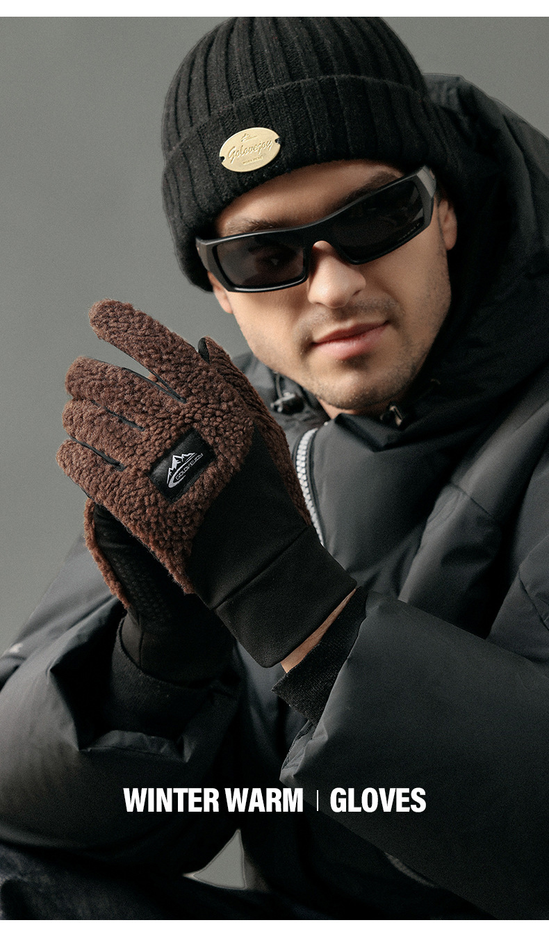 Men's autumn winter knitted plush thick warm outdoor sports cycling driving anti cold and windproof touch screen gloves_voghion.com