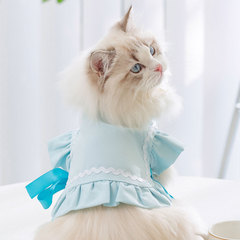 Cat Spring and Summer Thin Small Sleeve Butterfly Bow Blouse Dog Princess Style Skirt Blue Cat Pet Clothes