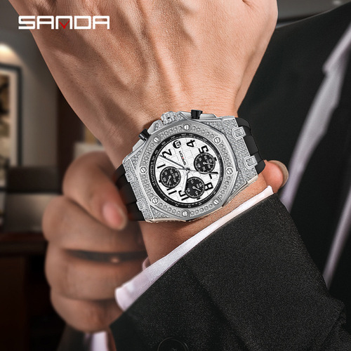Sanda New Model 7026 Men's Diamond Dial with Calendar Three Eyes and Six Needles Men's Creative Silicone Watch Wholesale
