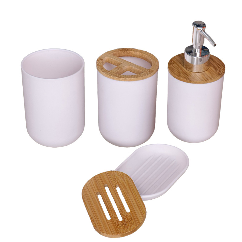 Yufei YUFEI Cilindro de alta gama Baño de madera de bambú Juego de 4 piezas Soporte para cepillo de dientes Botella de loción Taza de enjuague bucal Juego de caja de jabón