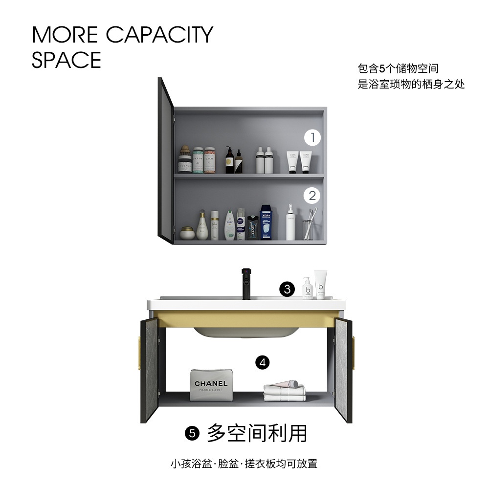 Moderno espacio de aluminio a prueba de humedad Junta simple espejo de baño gabinete combinación tablero de piedra caliza integrado de cerámica lavabo colgante gabinete