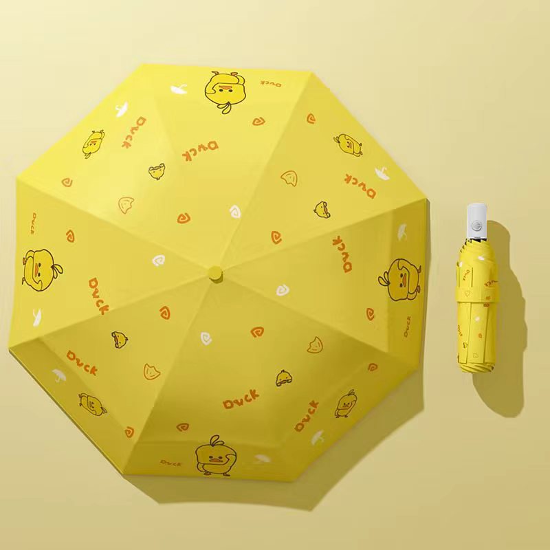 漫画の小さい黄色のアヒルの子供の傘の全自動の黒いゴムは紫外線を防ぎます。