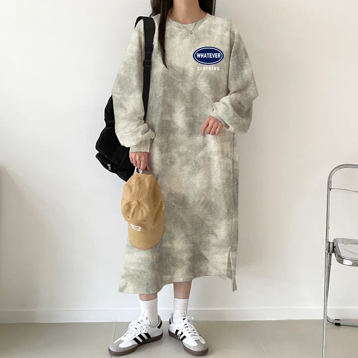 スーツ韓国風ミドル丈カジュアルロングスカート大きいサイズ日本韓国風プリント長袖Tシャツドレス女性秋冬|undefined