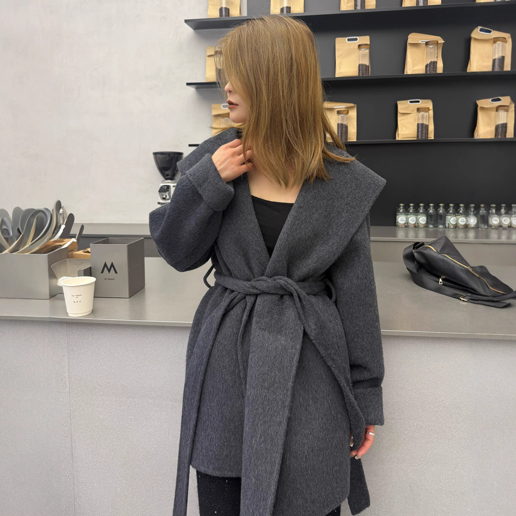 Gray Short Double-Sided Cashmere Coat for Women, Winter Casual Woolen Coat with Hood for Petite Figures