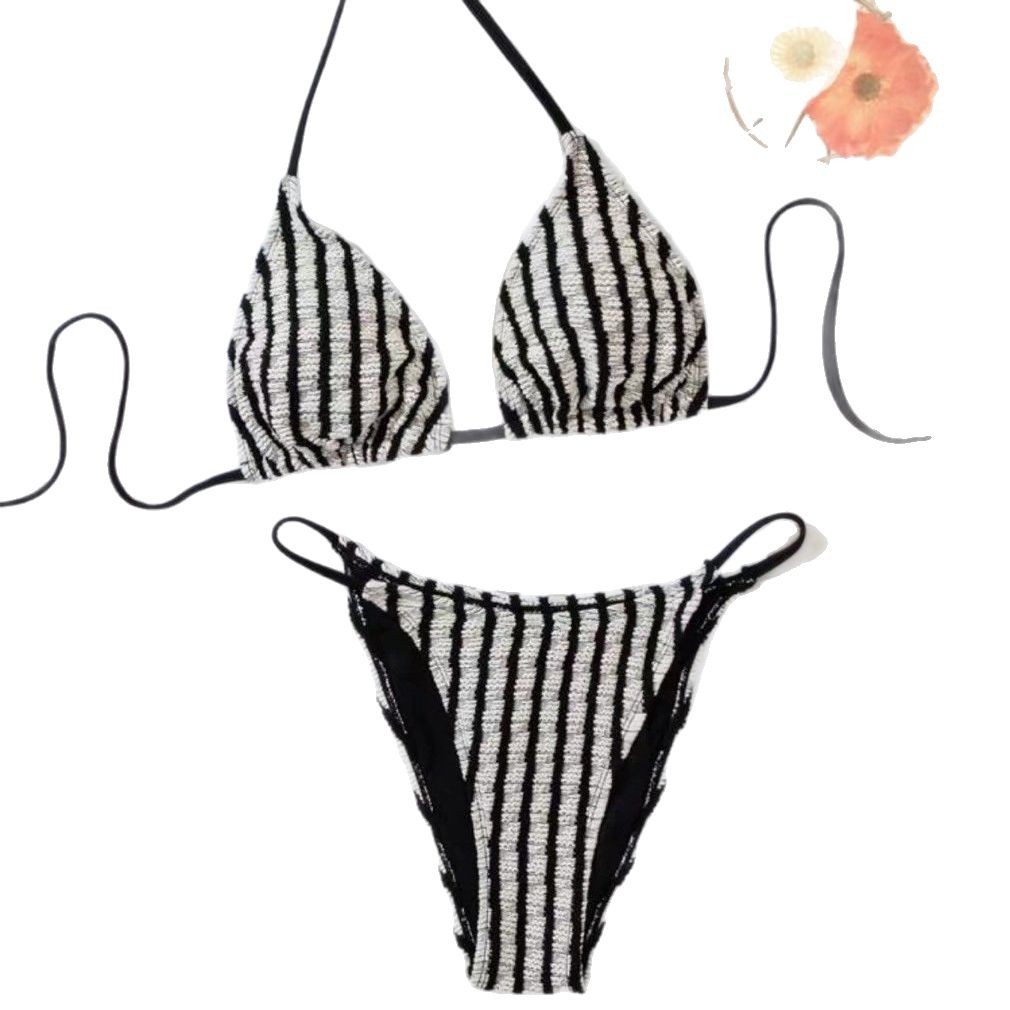 Gestreiftes Bikini-Set aus Frotteestoff für Damen – weicher, zweiteiliger Badeanzug, bequemer Strand- und Badeüberwurf_voghion.com