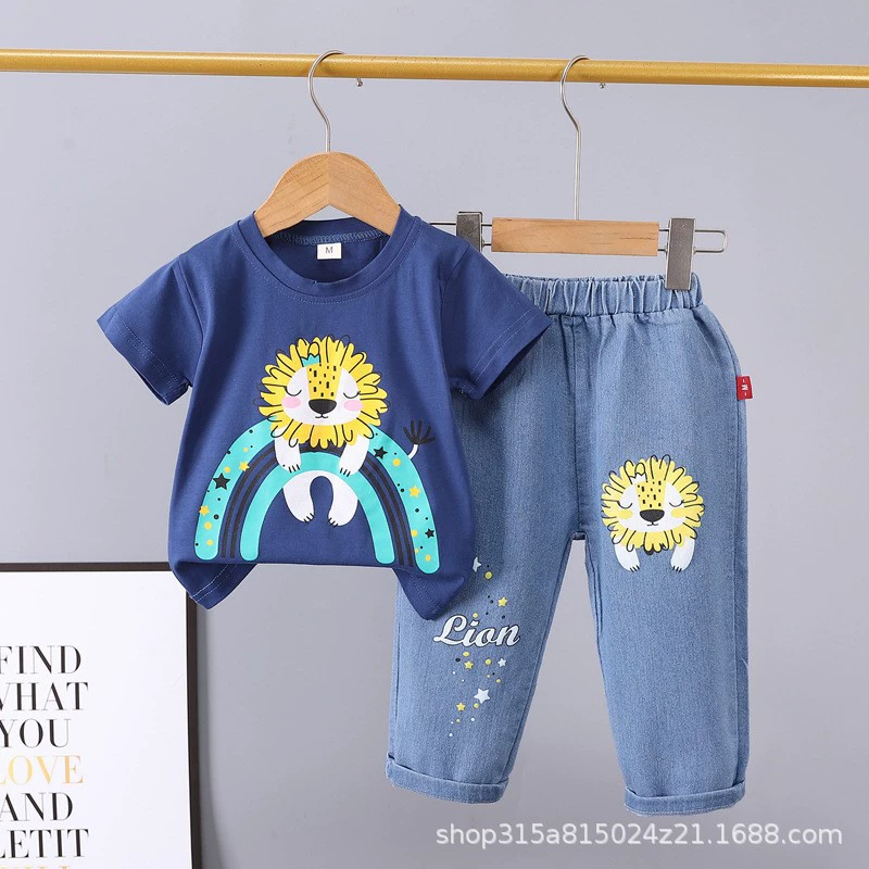 Летний детский denim комплект, мультяшные джинсы, с коротким рукавом, комплект из 2 предметов, 0-5 лет