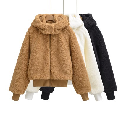 (Mei Mei Xuan) New winter style padded and thickened lamb wool hooded jacket, casual zip-up, slimming and stylish