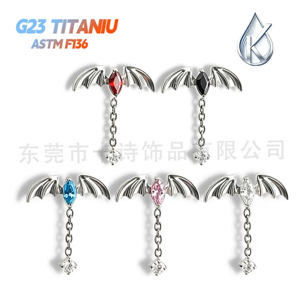 G23 Titanium Alloy Bat Wings Zircon Pendant Piercing Earrings Body Jewelry F136 Titanium Metal Ear Bone Studs