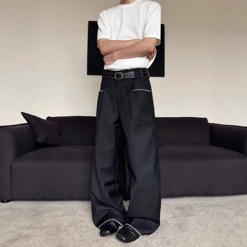 American Retro Old Money Style Stitched Wide-Leg Casual Trousers, Baggy Simple Drapey Loose-Fitting Couple's Wide-Leg Pants Trendy