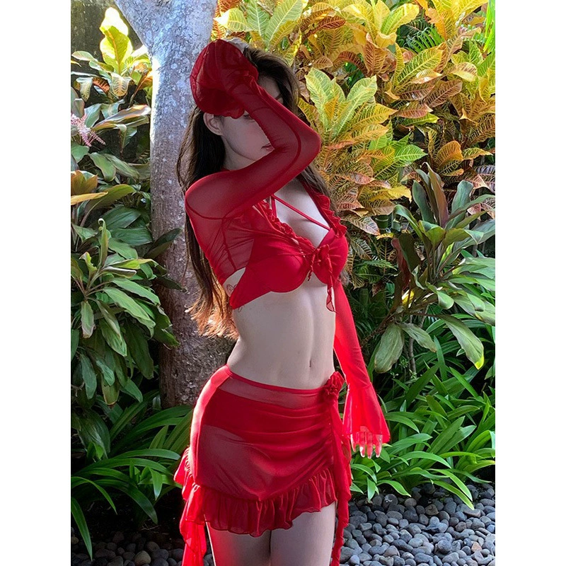 Red lace sexy summer supporting chest bag, swimwear, set, flowered, fitted, hip-accented, 4 piece set