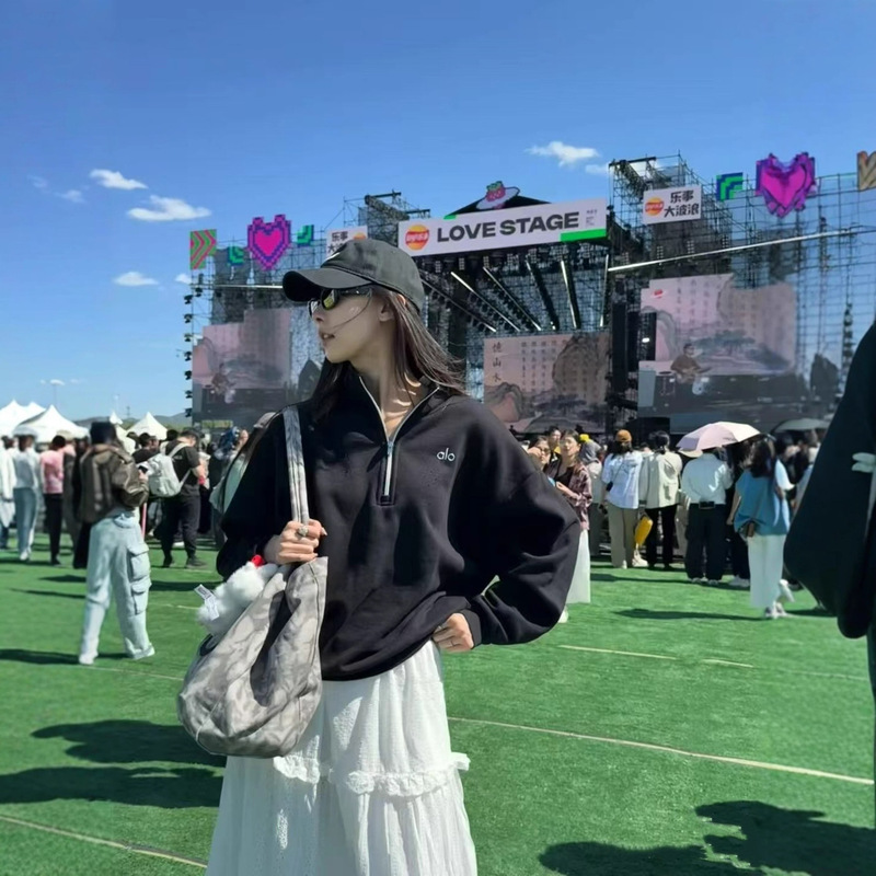 现货早秋新款金智秀 Jisoo同款alo半拉链卫衣女宽松立领显瘦外套|undefined