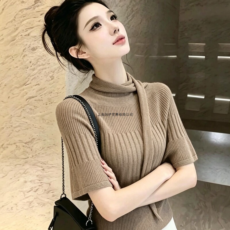 Women's autumn new style half-turtleneck short-sleeve knit top, elegant and stylish, with a unique design and a trendy, cropped length Women's autumn new style half-turtleneck short-sleeve knit top, elegant and stylish, with a unique design and a trendy, cropped length