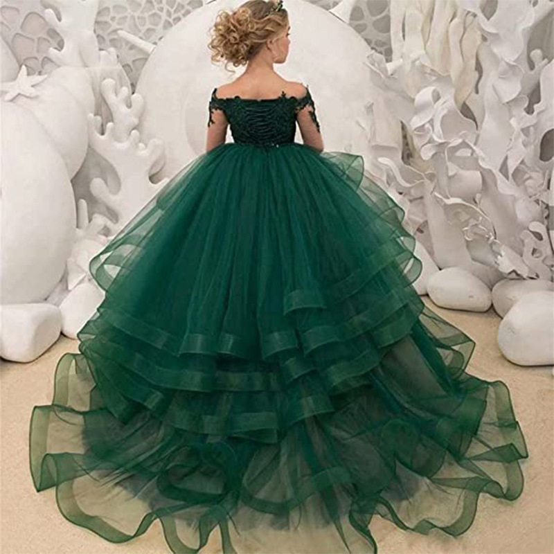 Nuevo vestido de novia para niños europeos y americanos de manga larga para niñas de cumpleaños de rendimiento de encaje vestido de pastel de princesa hinchada