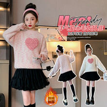 韩版童装2023冬季新款女童毛衣洋气立体爱心五彩针织套头加厚毛衣