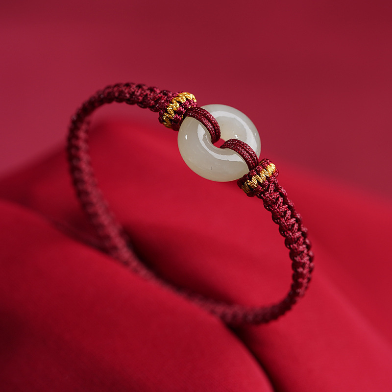 Hotan Jade Peace Buckle Bracelet Red Rope Bracelet for Women and Men Year of the Tiger Braided Rope Valentine's Day Gift