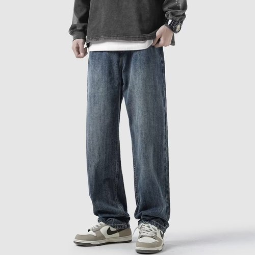 Fall High Street Straight Leg Denim for Men, Trendy Brand Wide Leg American Style Fashion, Versatile Retro Blue Father Pants