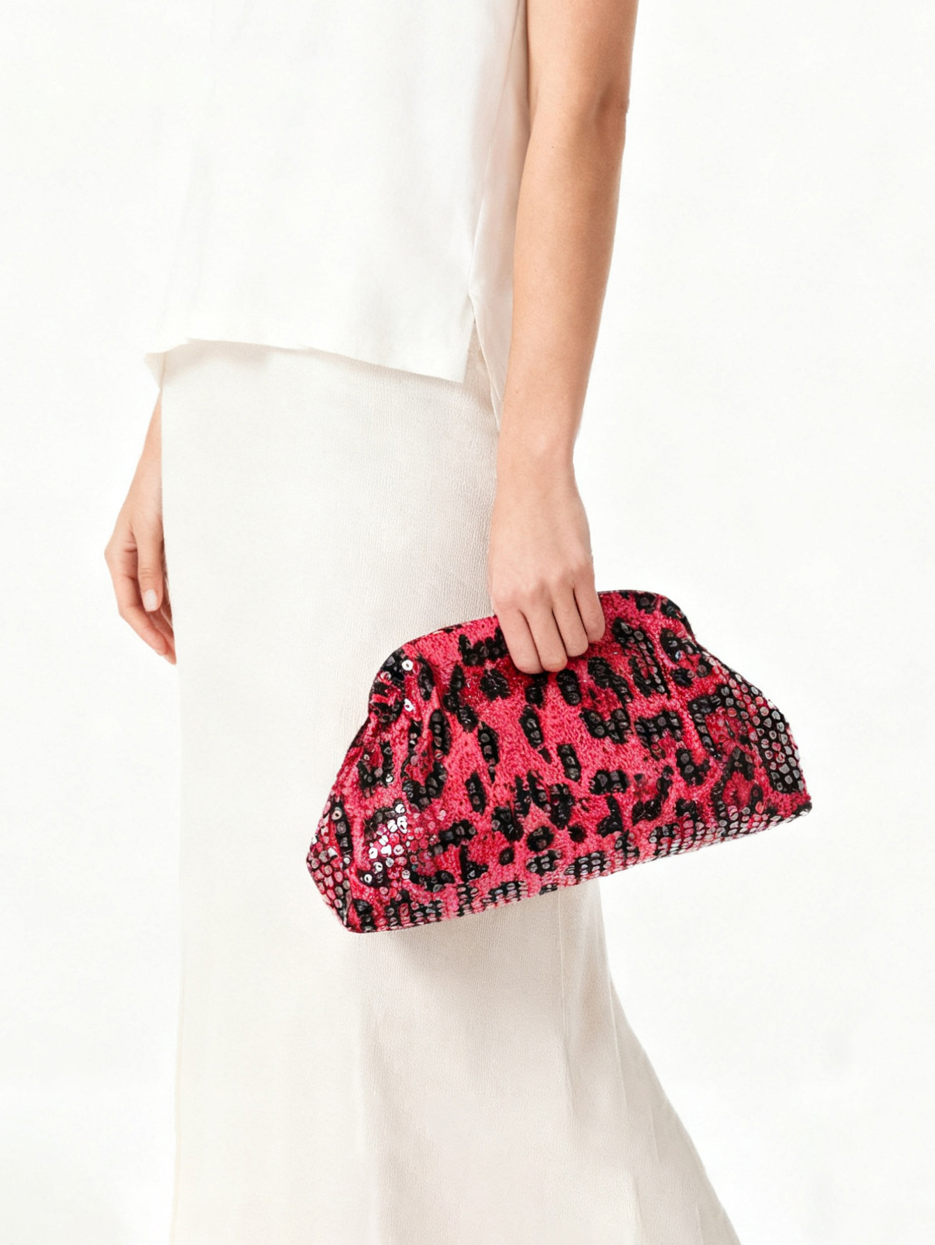 Fuchsia Sequined Leopard Print Clutch Bag For Women Evening Accessory_voghion.com