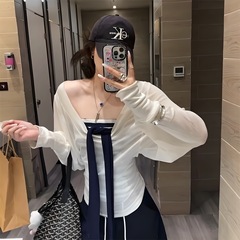 辣妹早秋女绑带条纹抹胸上衣搭配长袖防晒罩衫两件套薄款外贸批发