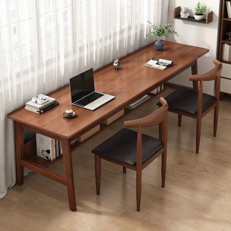 Double-Person Solid Wood Leg Desk, Simple Office Computer Desk, Home Wall-Mounted Student Desk, Double-Layer Desk, Long Table