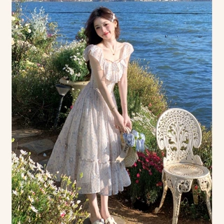 冰萃海盐蓝浪漫度假绝美一字肩连衣裙仙女夏季蓝色碎花长裙小清新